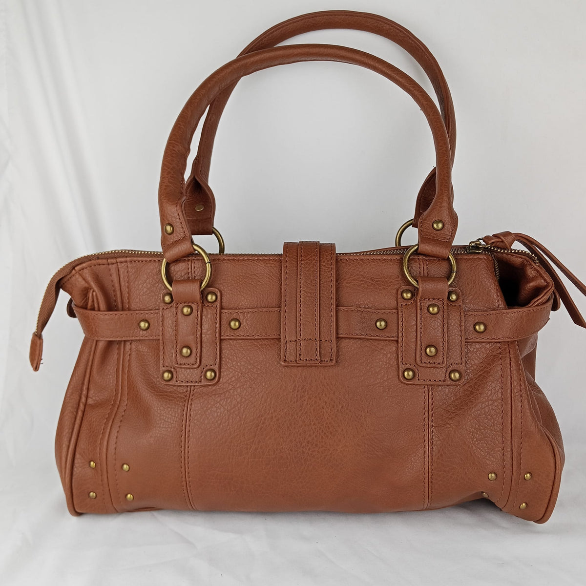 Borsa a mano marrone cognac con dettagli metallici - vista 3